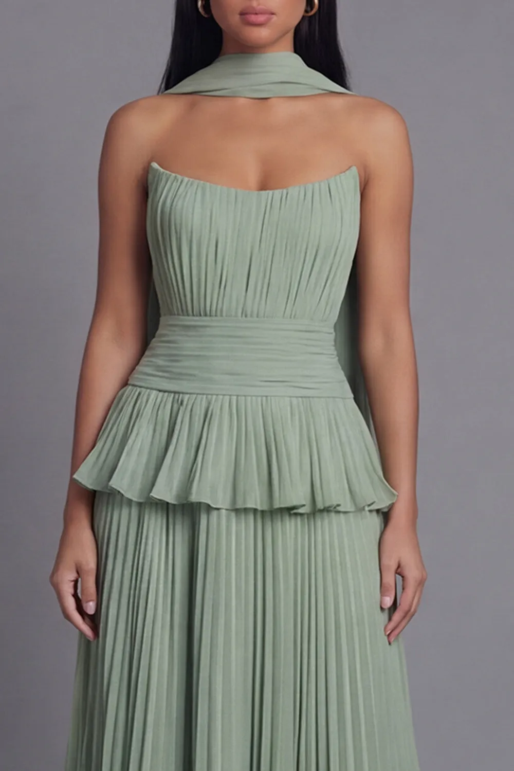 A-Line Dusty Sage Strapless Pleated Ruched Ruffled Midi Dress with Neck Scarf sold by Zapaka product image thumbnail 4