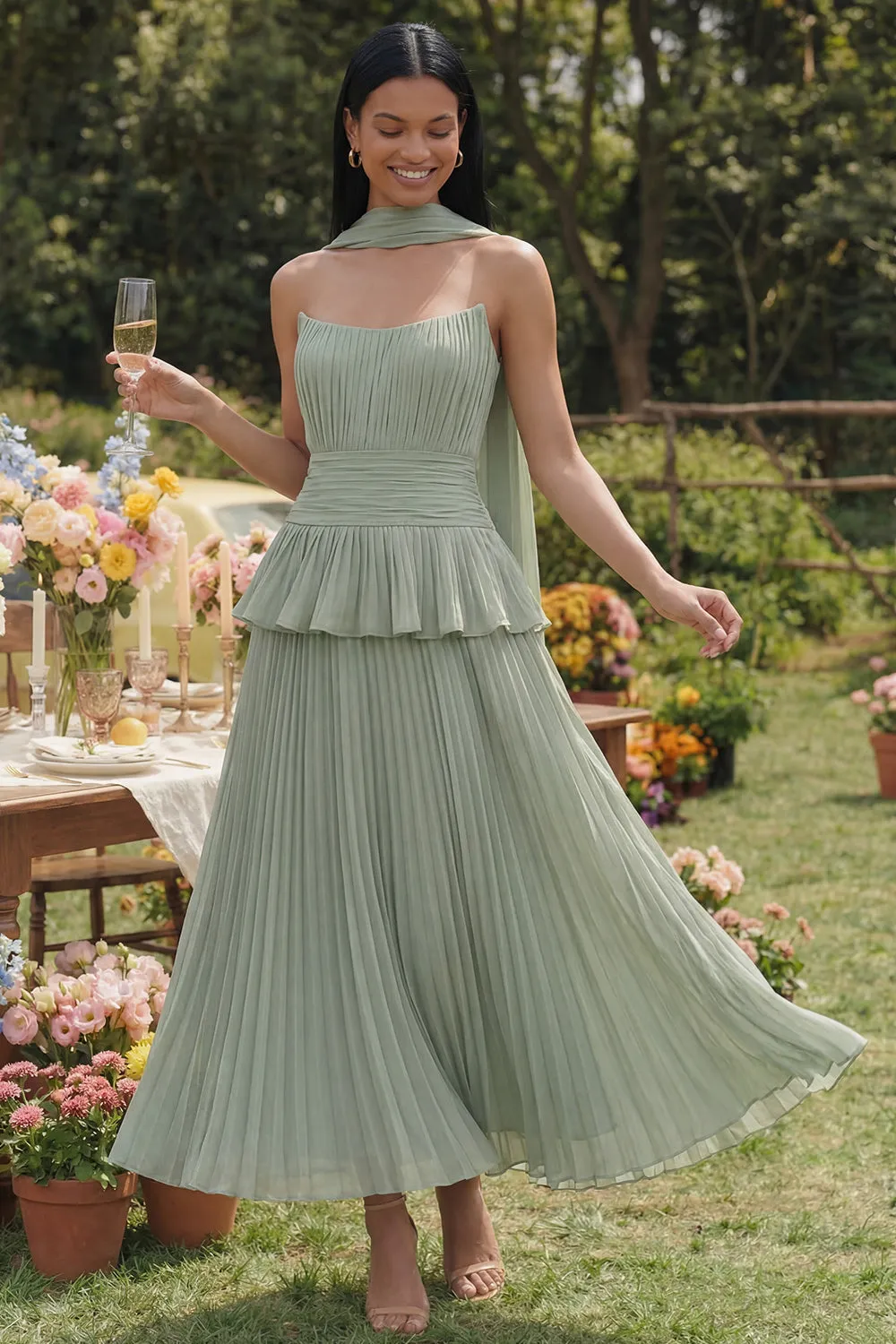 A-Line Dusty Sage Strapless Pleated Ruched Ruffled Midi Dress with Neck Scarf sold by Zapaka