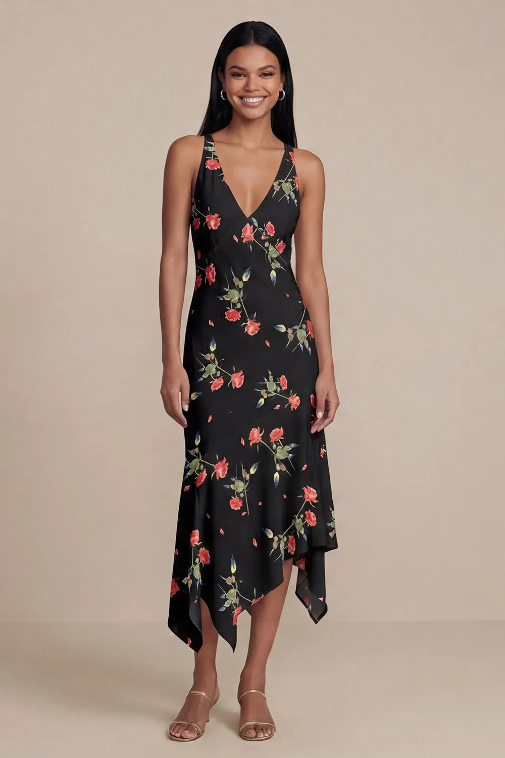 Black A-Line Chiffon V-Neck Printed Midi Floral Dress sold by Zapaka product image thumbnail 3