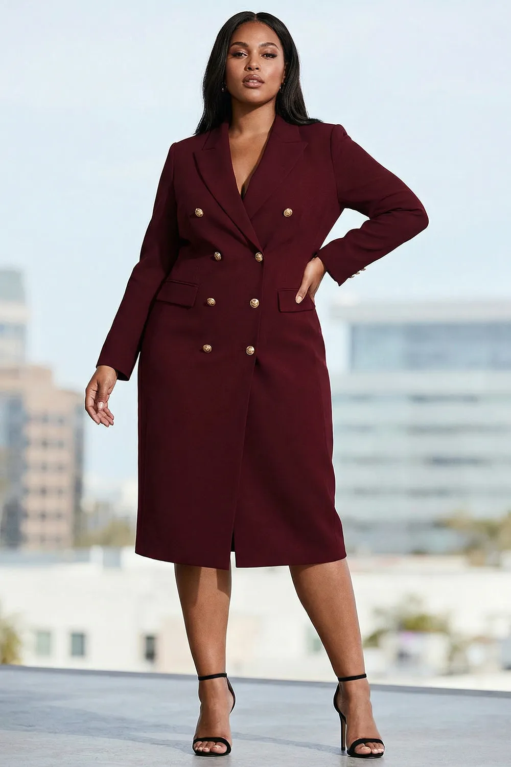 Black Bodycon Peak Lapel Double Breasted Midi Plus Size Work Dress sold by Zapaka product image thumbnail 2