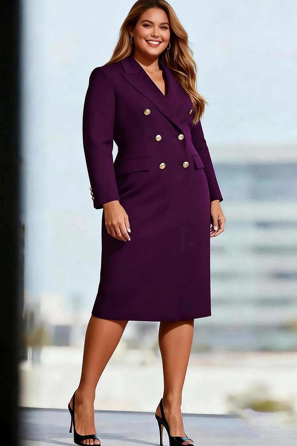 Black Bodycon Peak Lapel Double Breasted Midi Plus Size Work Dress sold by Zapaka product image thumbnail 4