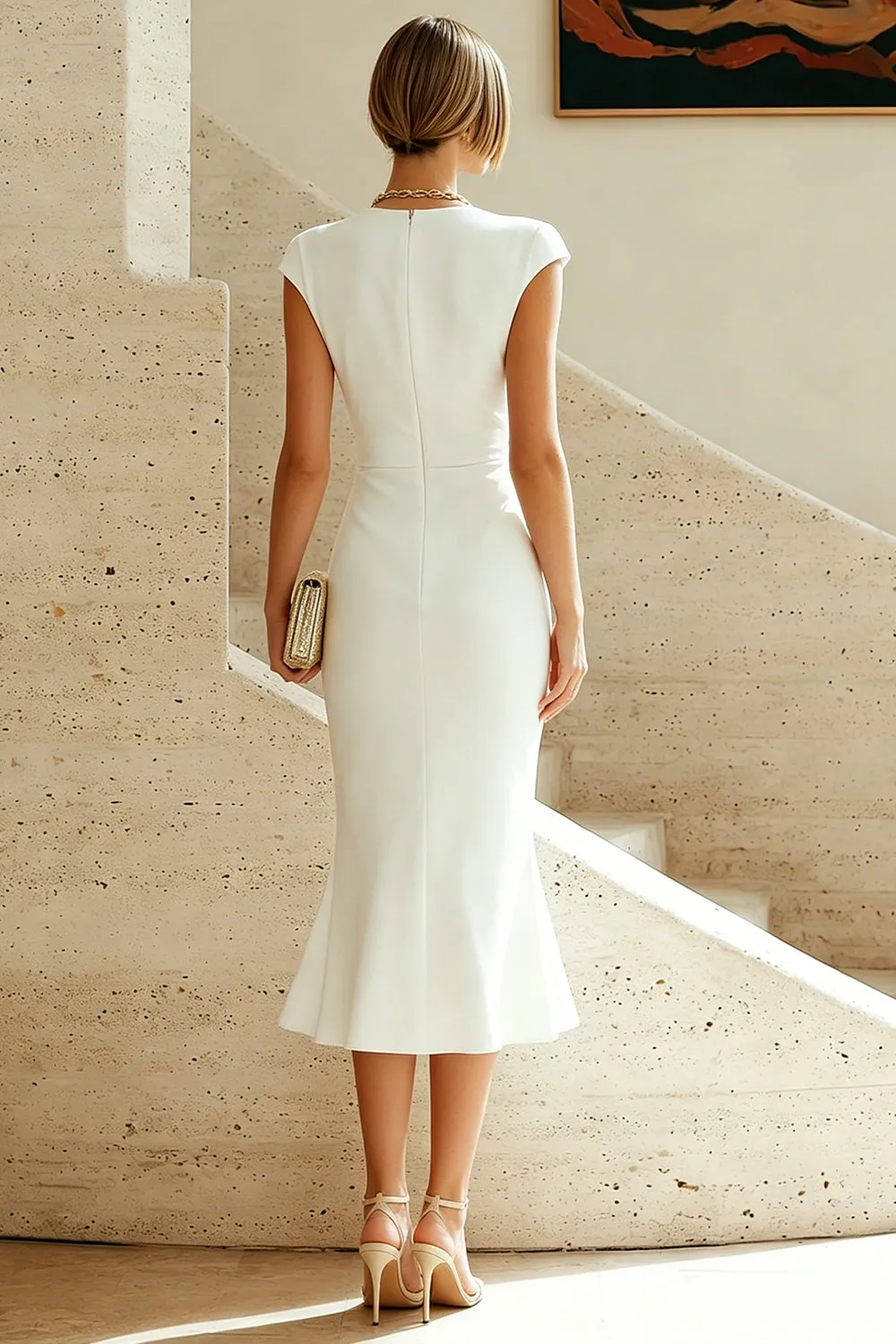 White Mermaid Round Neck Midi Prom Dress with Cap Sleeves sold by Zapaka product image thumbnail 2