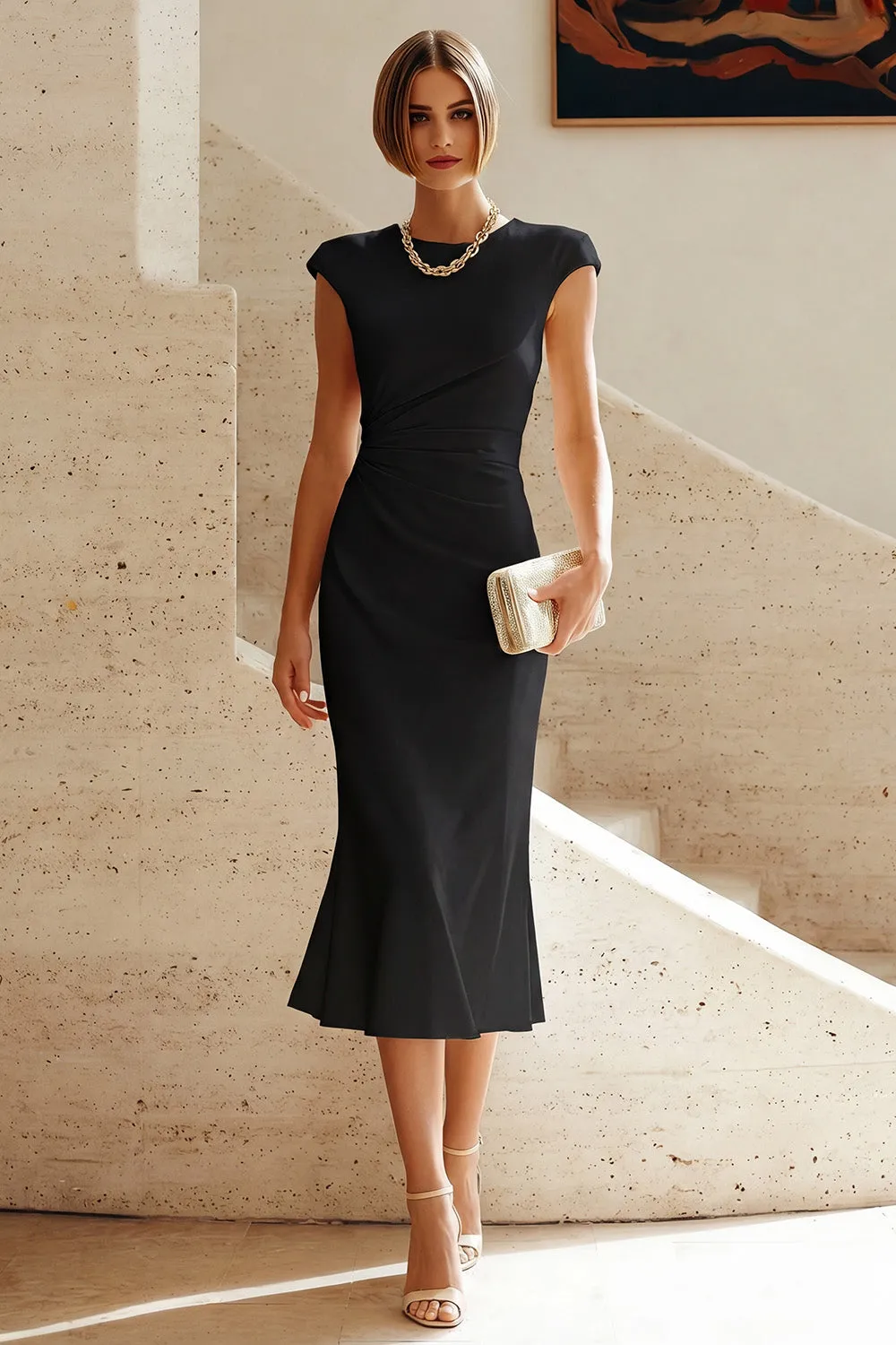 White Mermaid Round Neck Midi Prom Dress with Cap Sleeves sold by Zapaka product image thumbnail 4