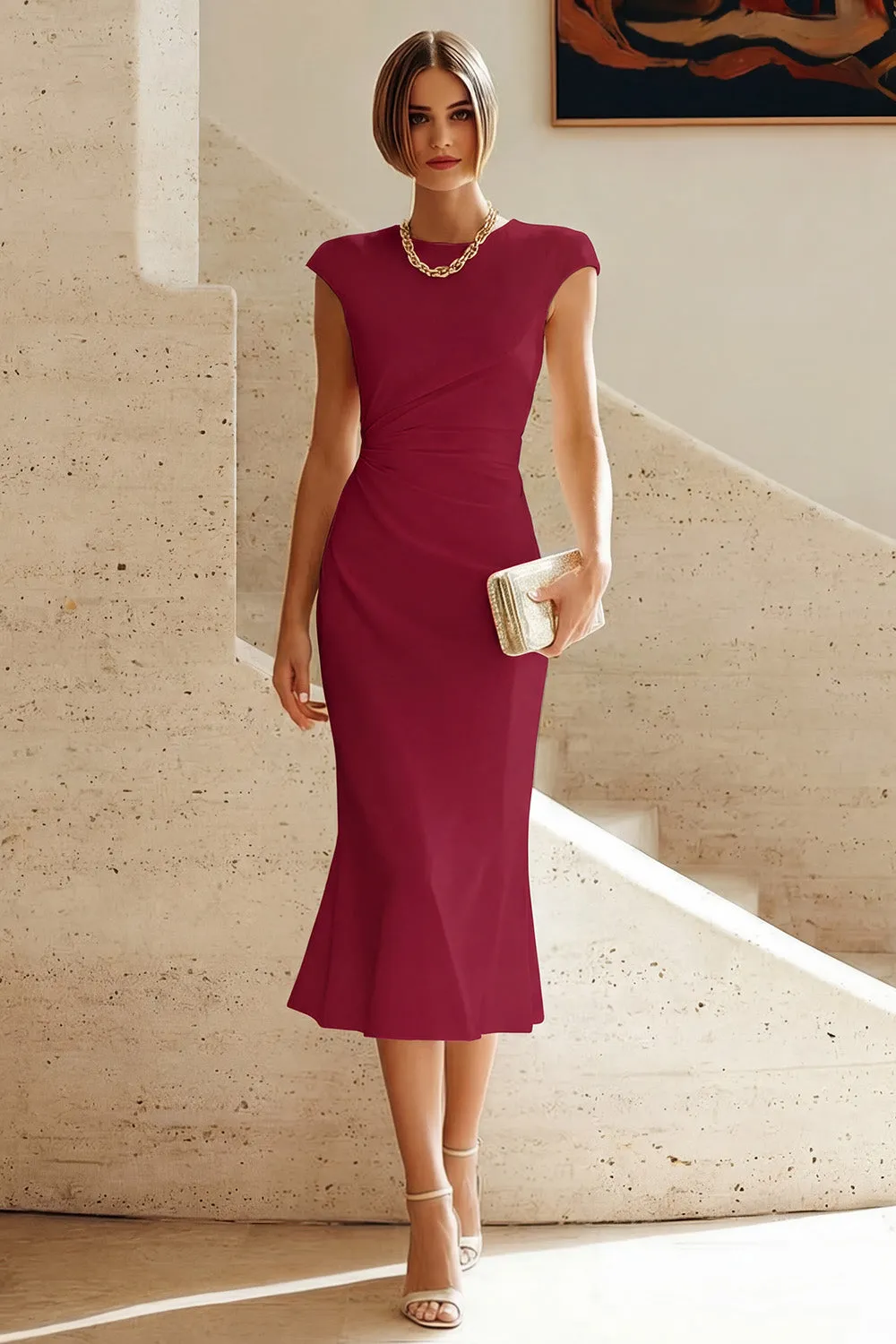 White Mermaid Round Neck Midi Prom Dress with Cap Sleeves sold by Zapaka product image thumbnail 5