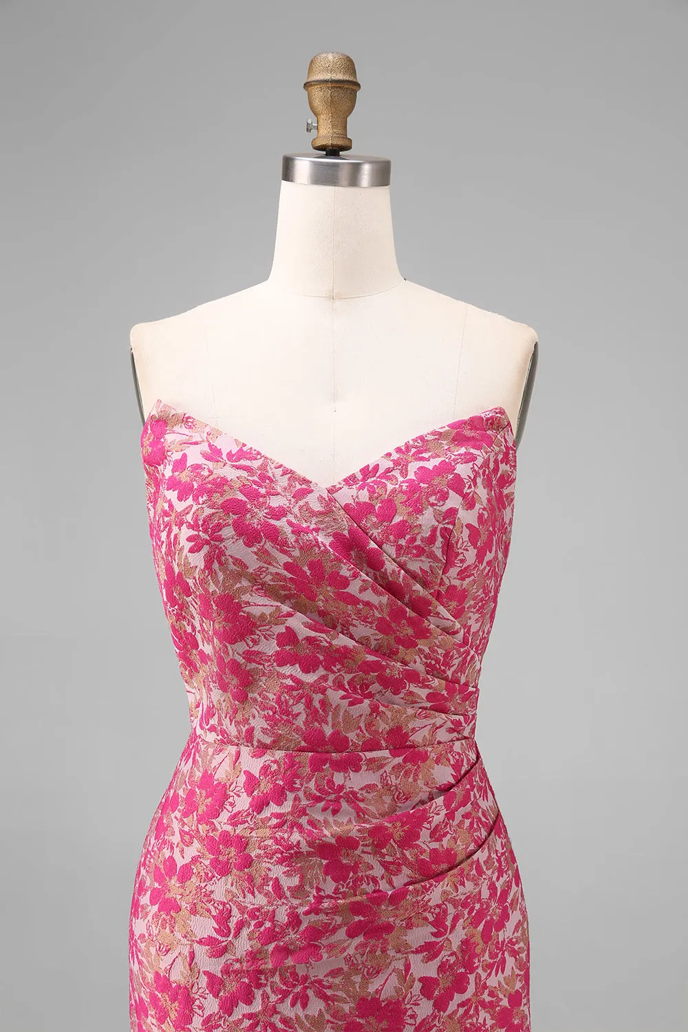 Fuchsia Floral Sheath Sweetheart Ruched Long Bridesmaid Dress with Slit sold by Zapaka product image thumbnail 4