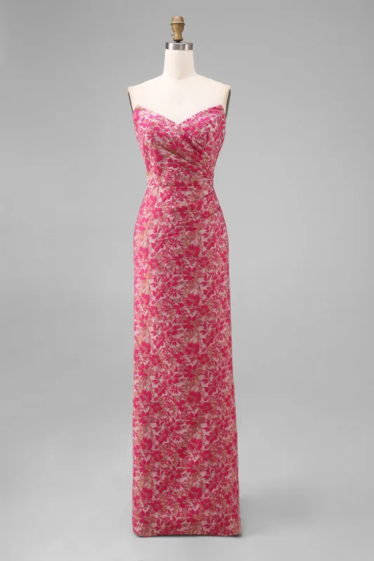 Fuchsia Floral Sheath Sweetheart Ruched Long Bridesmaid Dress with Slit made by Zapaka