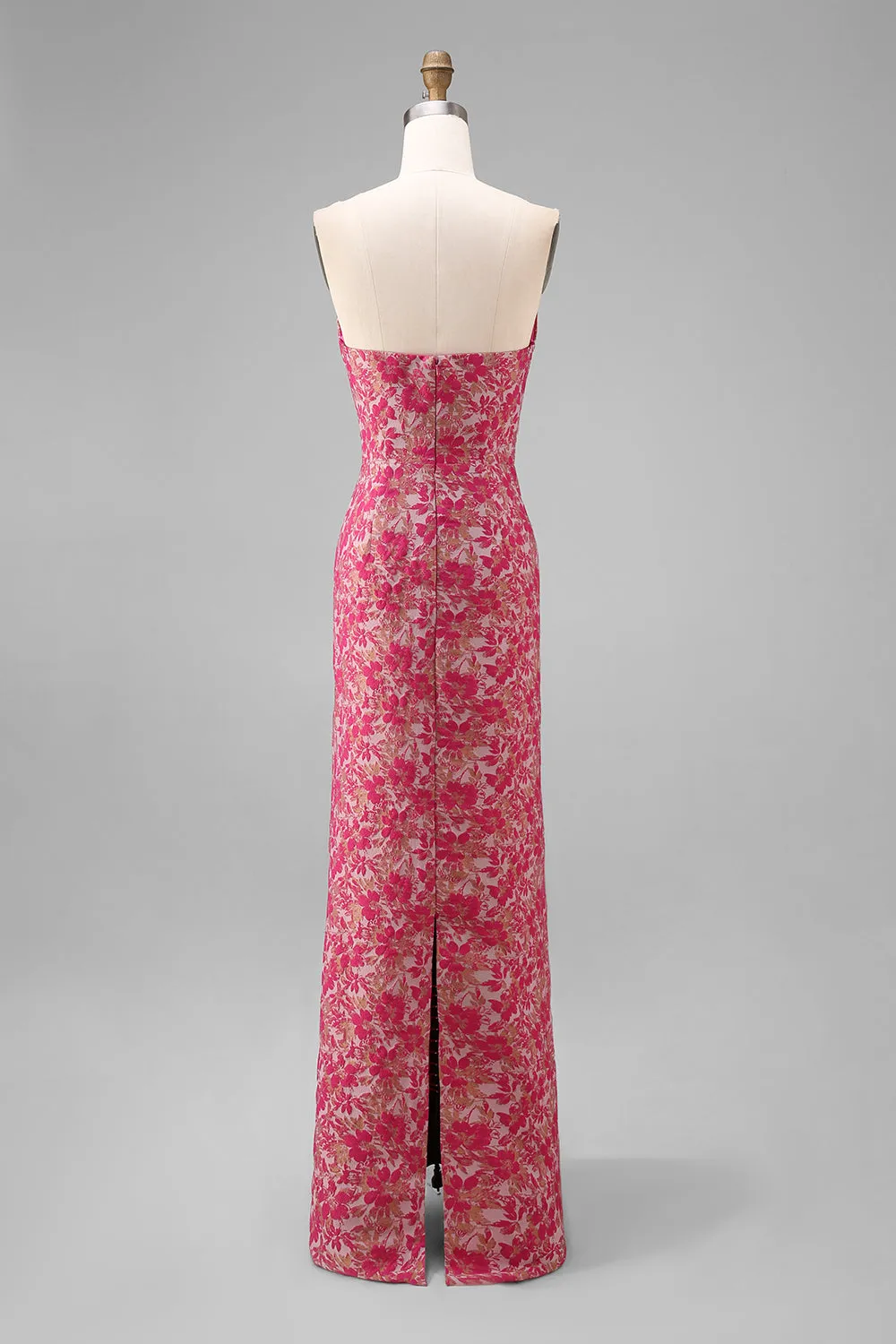 Fuchsia Floral Sheath Sweetheart Ruched Long Bridesmaid Dress with Slit sold by Zapaka product image thumbnail 2