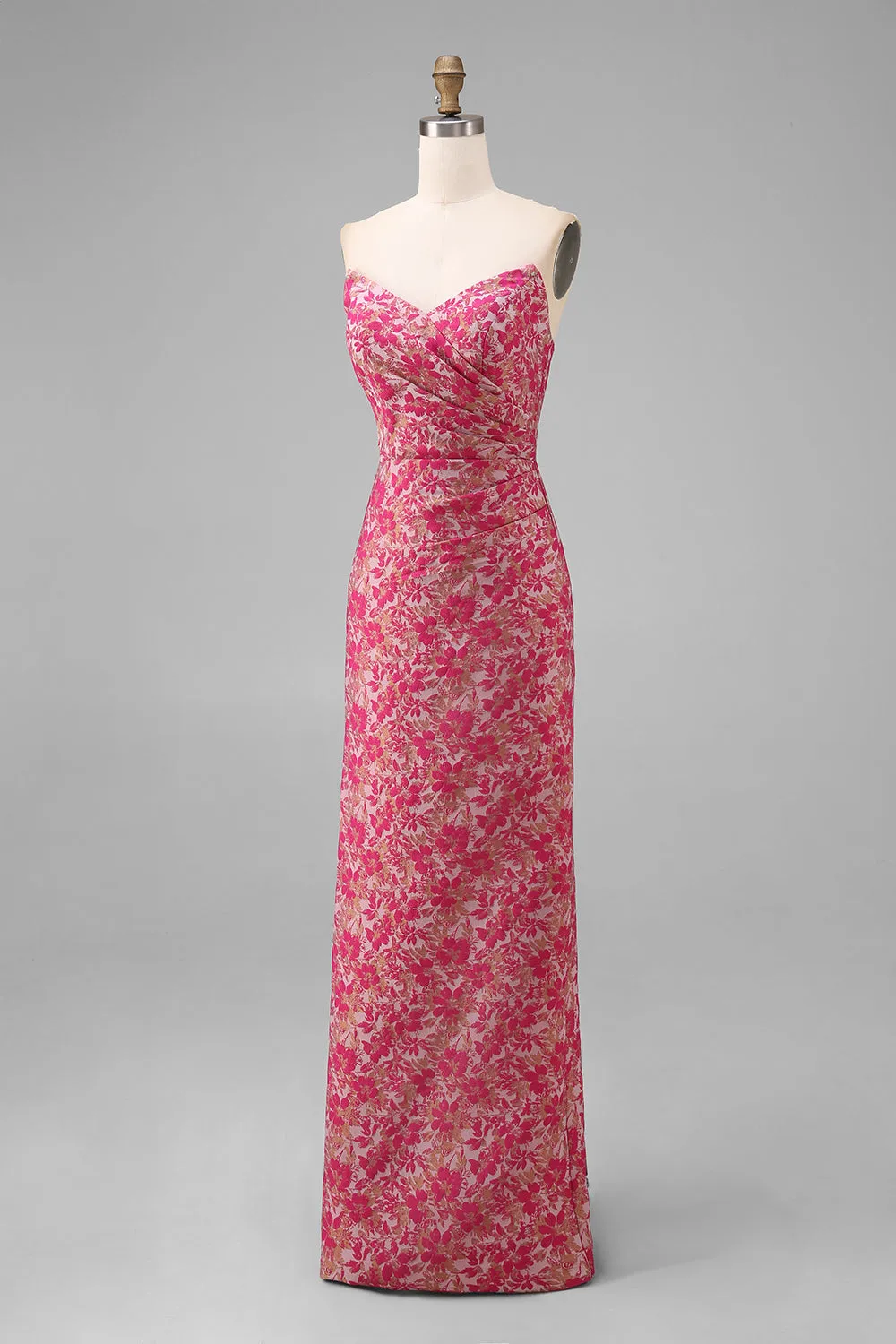 Fuchsia Floral Sheath Sweetheart Ruched Long Bridesmaid Dress with Slit sold by Zapaka product image thumbnail 3