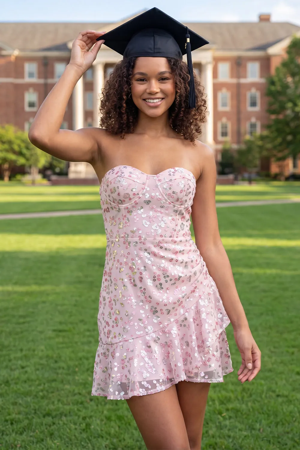Sparkly Pink Sweetheart A-Line Sequins Mini Graduation Dress with Ruffles sold by Zapaka