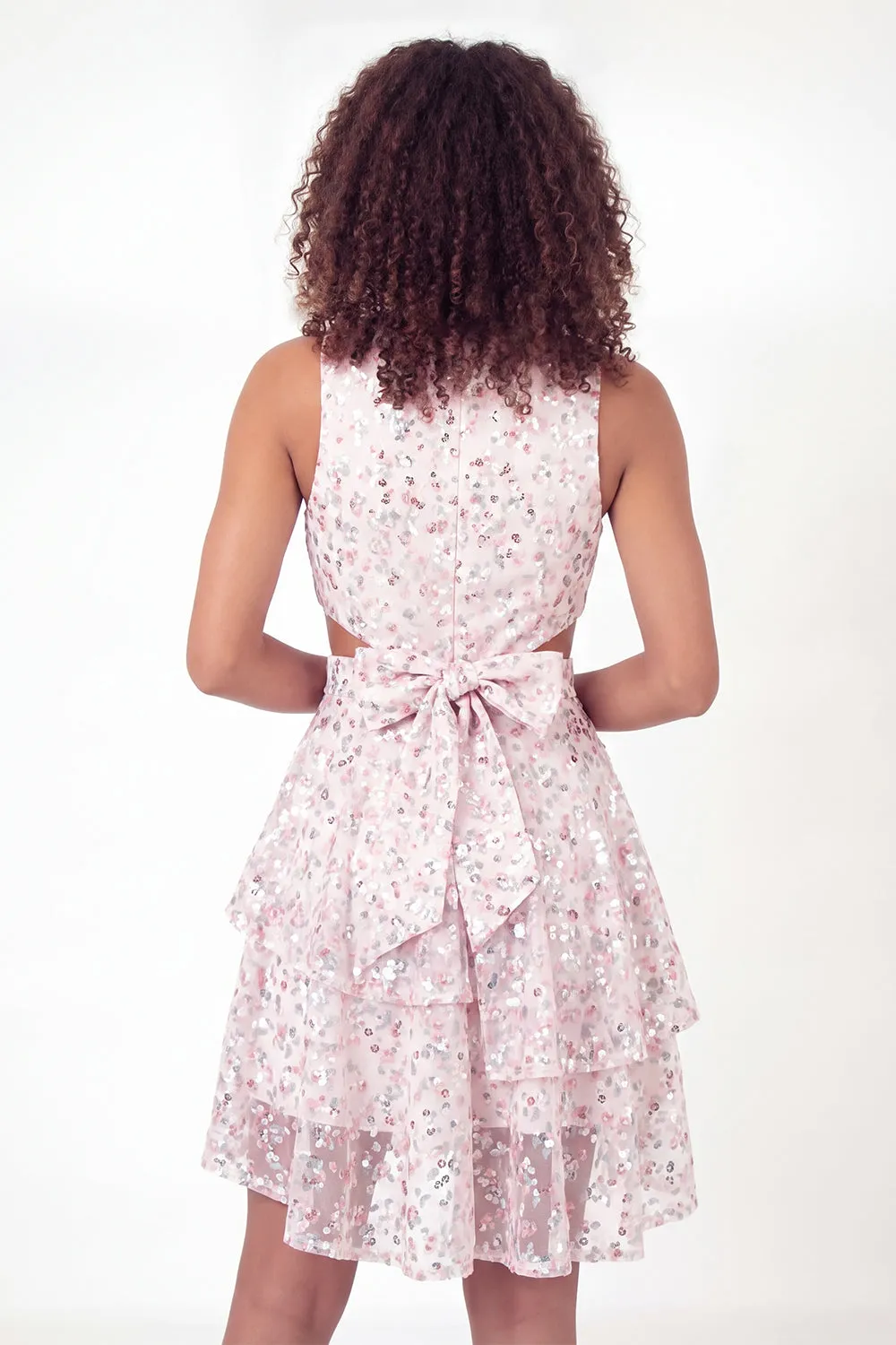 Sparkly White Pink Flower A-Line V-Neck Sequins Mini Graduation Dress with Bow sold by Zapaka product image thumbnail 2