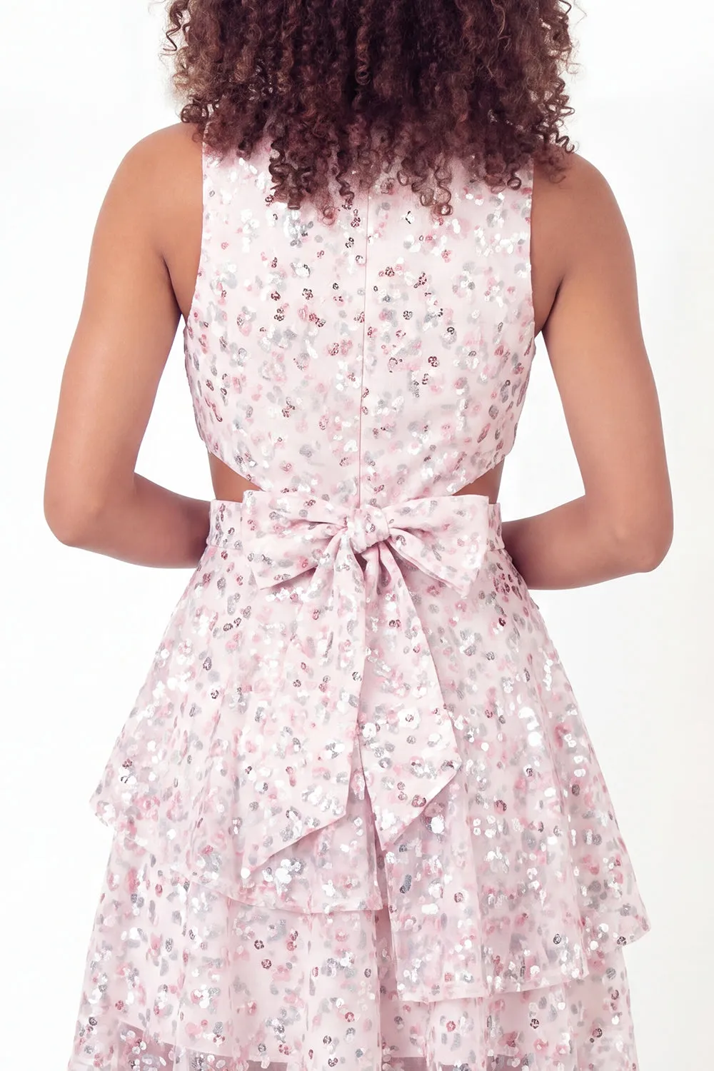Sparkly White Pink Flower A-Line V-Neck Sequins Mini Graduation Dress with Bow sold by Zapaka product image thumbnail 5