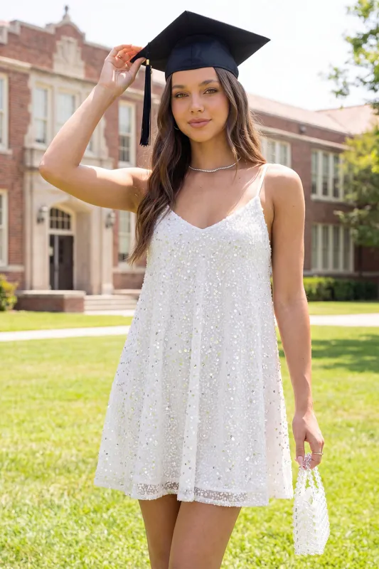 Sparkly A-Line White Sequins Spaghetti Straps Mini Graduation Dress made by Zapaka