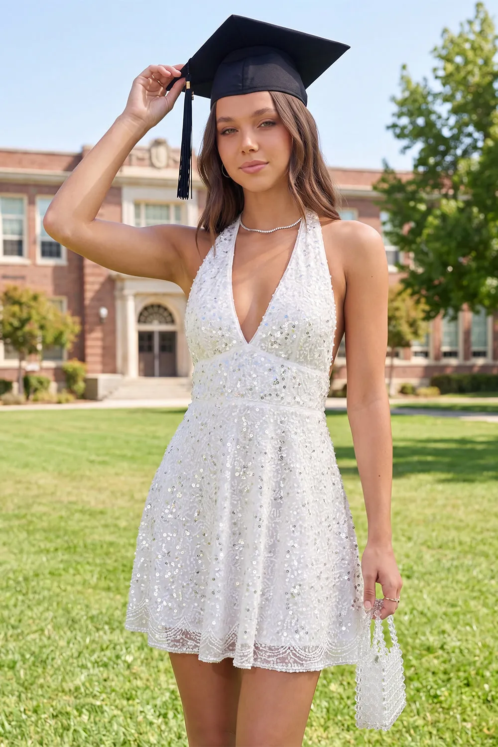 Sparkly Halter Neck A-Line White Sequins Mini Graduation Dress sold by Zapaka