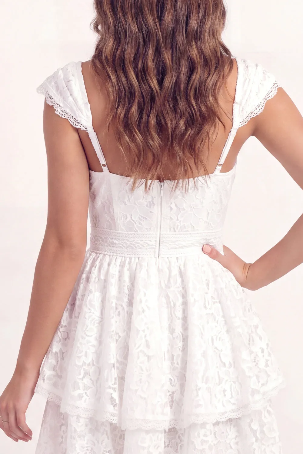 White Lace A-Line V-Neck Mini Graduation Dress with Cap Sleeves sold by Zapaka product image thumbnail 5
