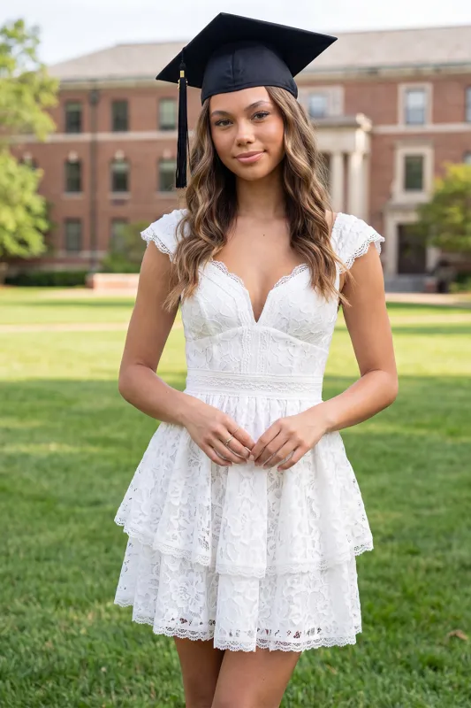 White Lace A-Line V-Neck Mini Graduation Dress with Cap Sleeves made by Zapaka