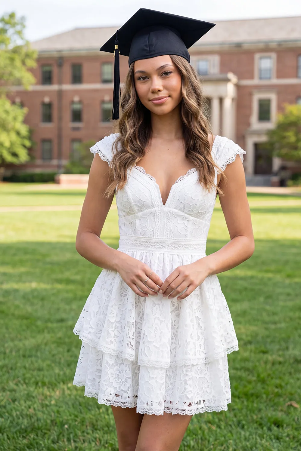 White Lace A-Line V-Neck Mini Graduation Dress with Cap Sleeves sold by Zapaka