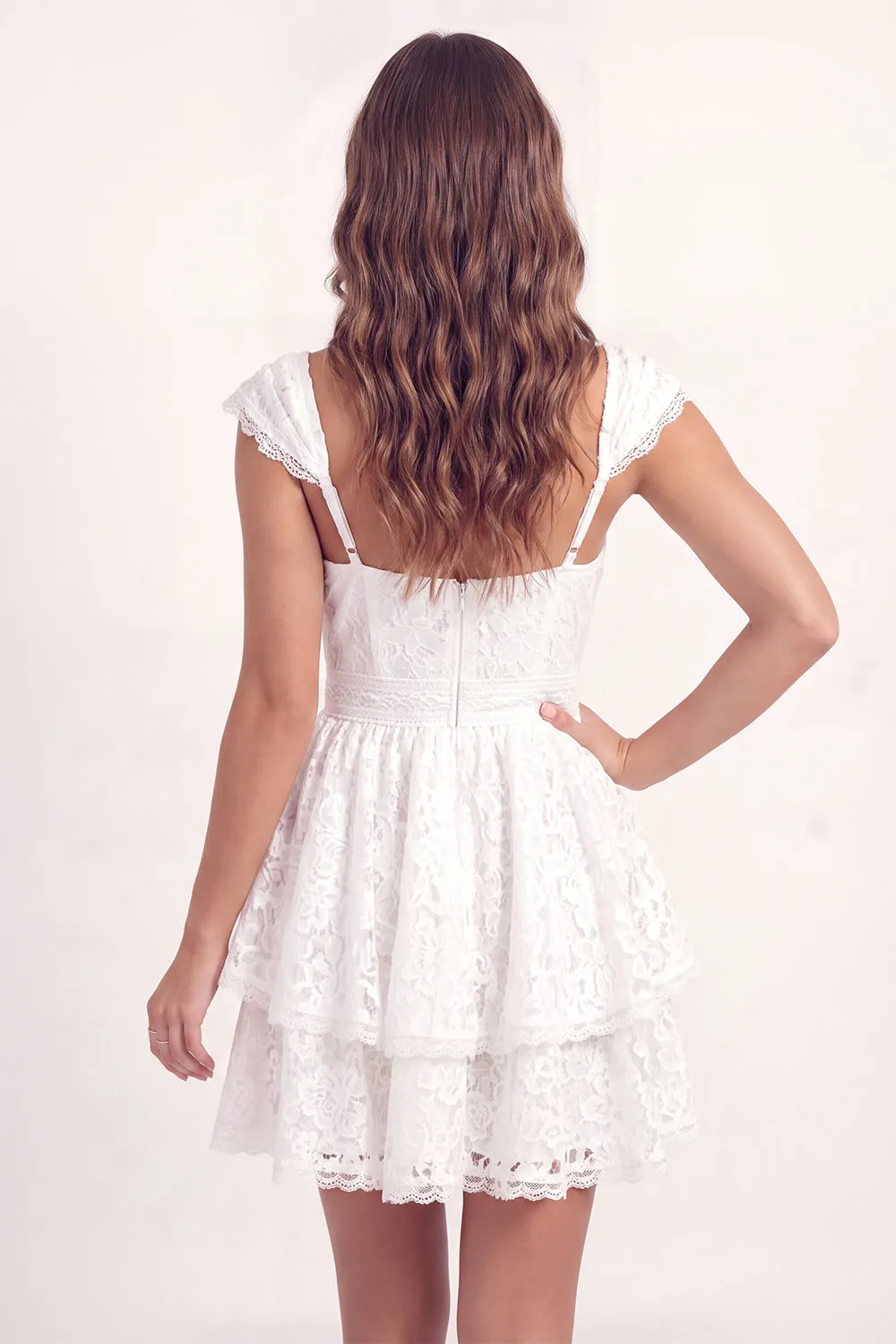 White Lace A-Line V-Neck Mini Graduation Dress with Cap Sleeves sold by Zapaka product image thumbnail 2