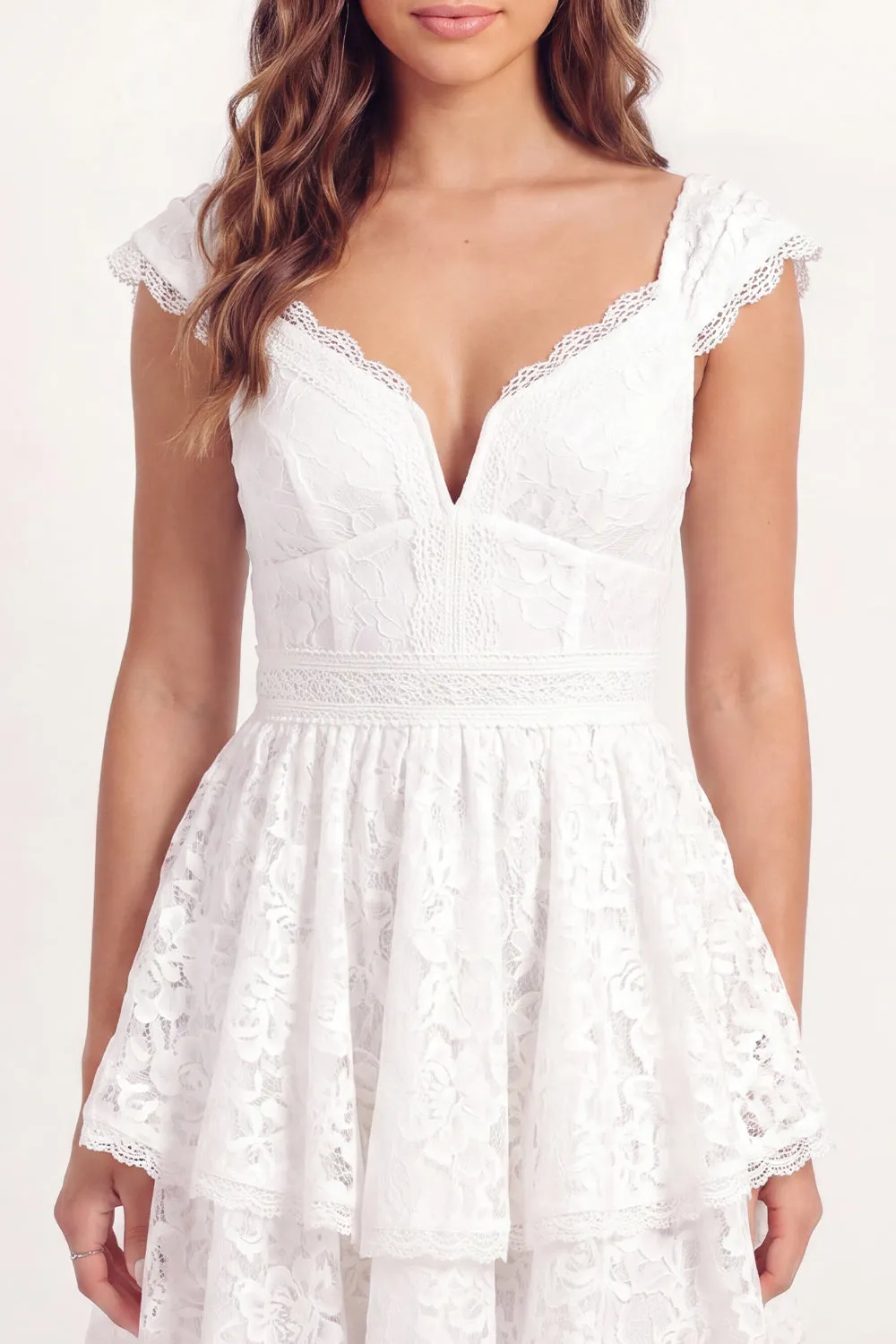 White Lace A-Line V-Neck Mini Graduation Dress with Cap Sleeves sold by Zapaka product image thumbnail 4
