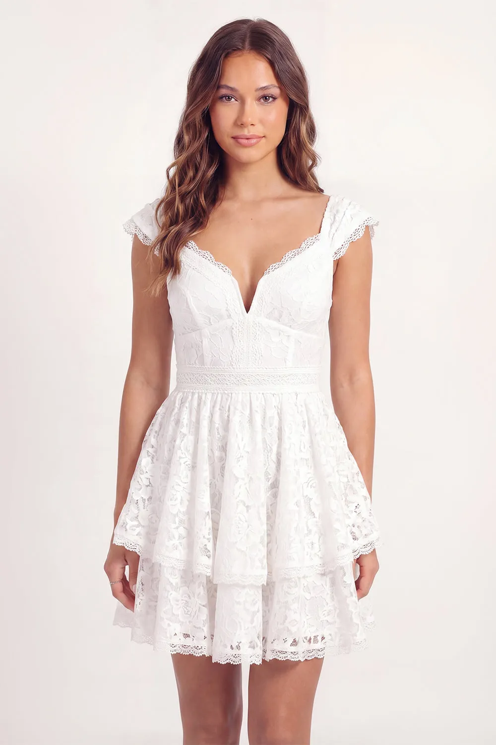 White Lace A-Line V-Neck Mini Graduation Dress with Cap Sleeves sold by Zapaka product image thumbnail 3