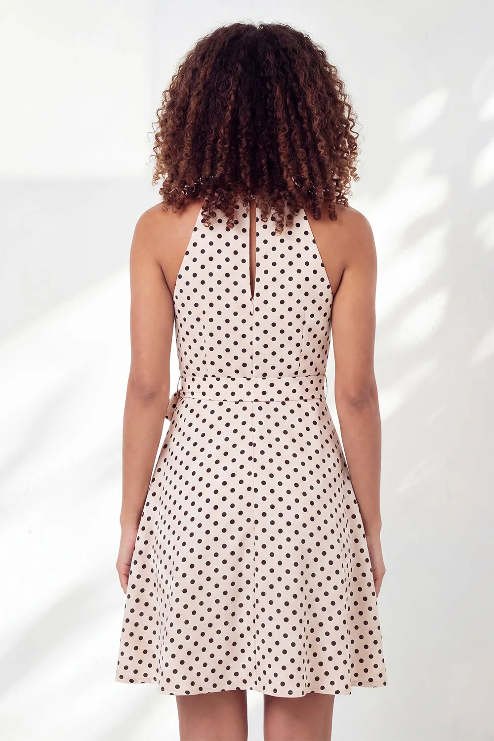 White Black Dot A-Line Halter Neck Mini Graduation Dress with Belt sold by Zapaka product image thumbnail 2