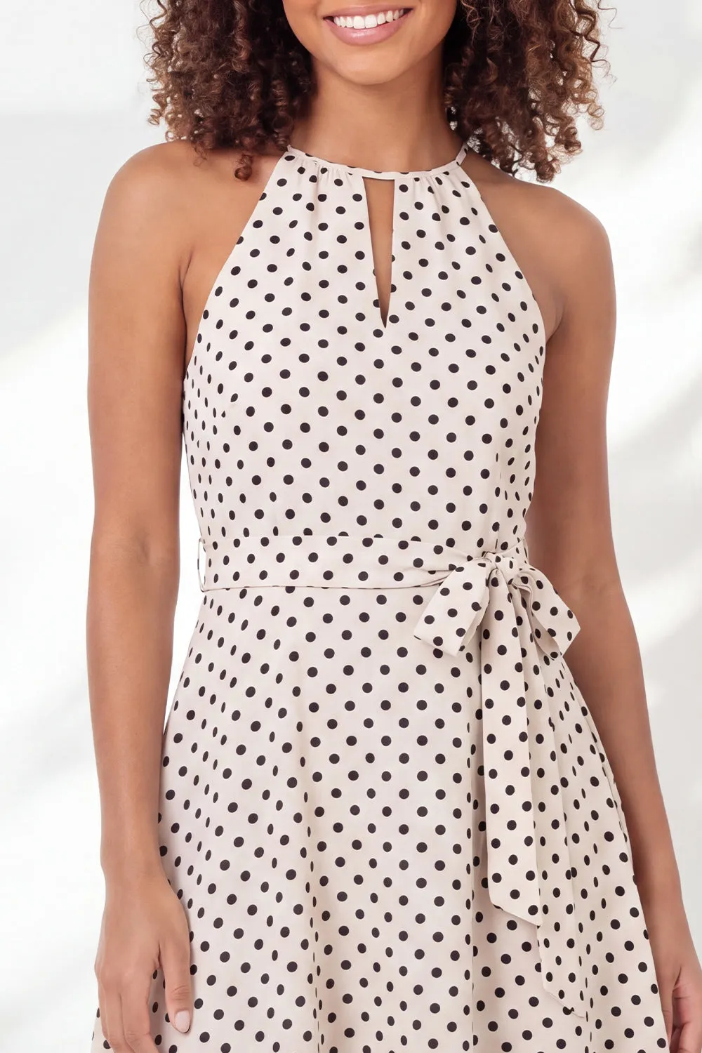 White Black Dot A-Line Halter Neck Mini Graduation Dress with Belt sold by Zapaka product image thumbnail 5