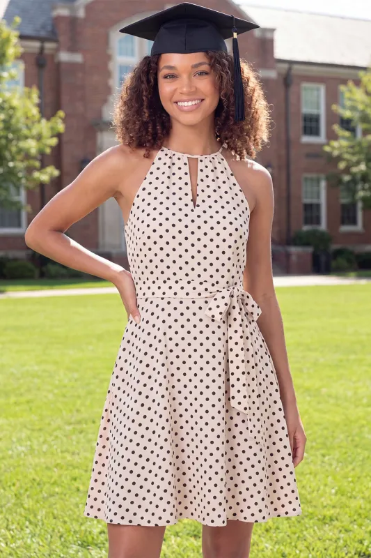 White Black Dot A-Line Halter Neck Mini Graduation Dress with Belt made by Zapaka