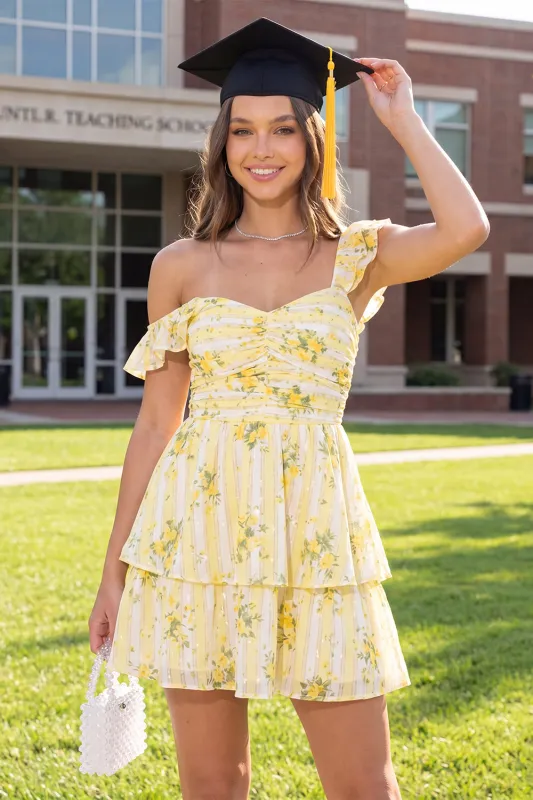 A-Line Yellow Floral Ruched Mini Graduation Dress with Ruffles made by Zapaka