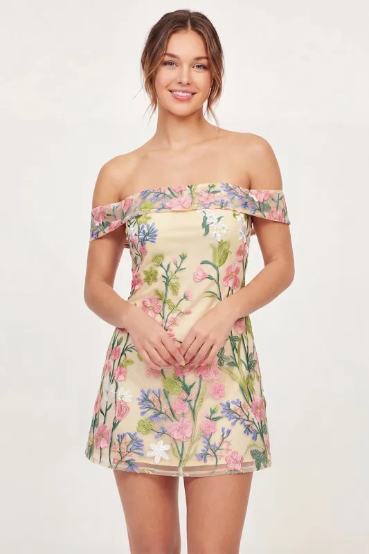 Yellow Off the Shoulder Tulle Floral Embroidered Mini Graduation Dress made by Zapaka