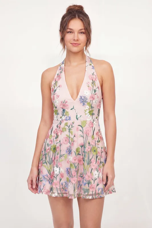 Tulle A-Line Halter Neck Floral Embroidered Pink Mini Graduation Dress made by Zapaka