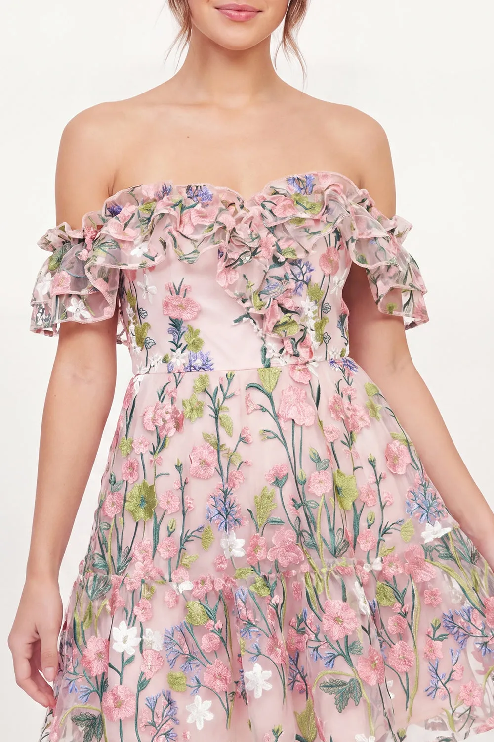 Tulle Off the Shoulder Floral A-Line Embroidered Pink Mini Graduation Dress sold by Zapaka product image thumbnail 3