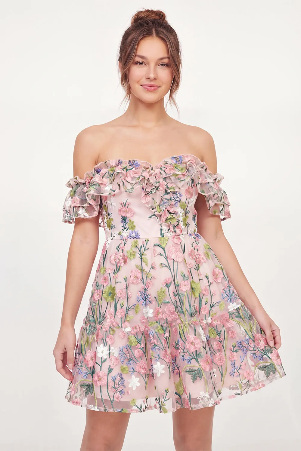 Tulle Off the Shoulder Floral A-Line Embroidered Pink Mini Graduation Dress sold by Zapaka