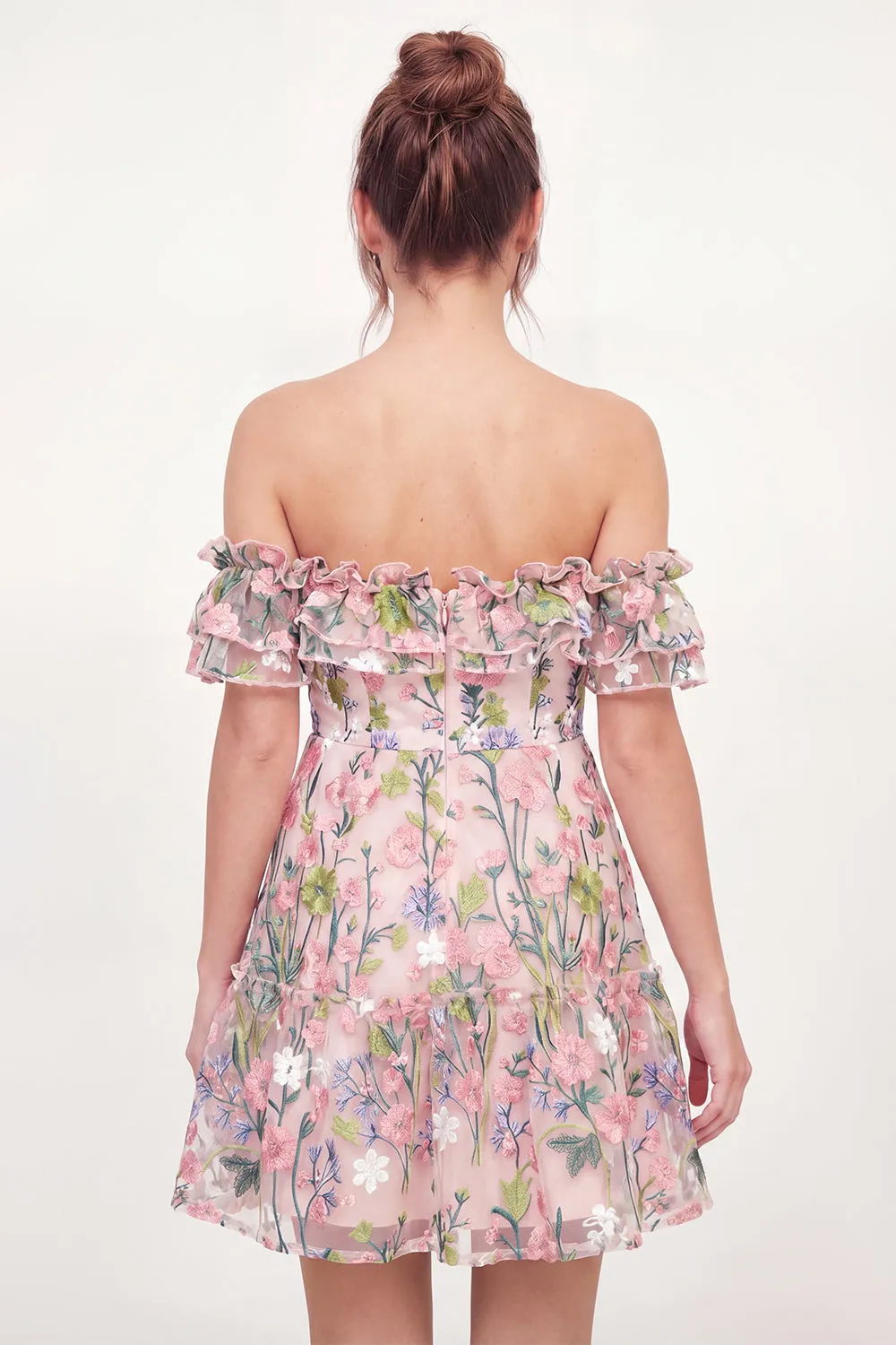 Tulle Off the Shoulder Floral A-Line Embroidered Pink Mini Graduation Dress sold by Zapaka product image thumbnail 2