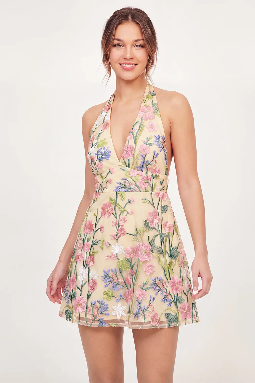 Tulle Floral A-Line Embroidered Halter Neck Yellow Mini Homecoming Dress sold by Zapaka
