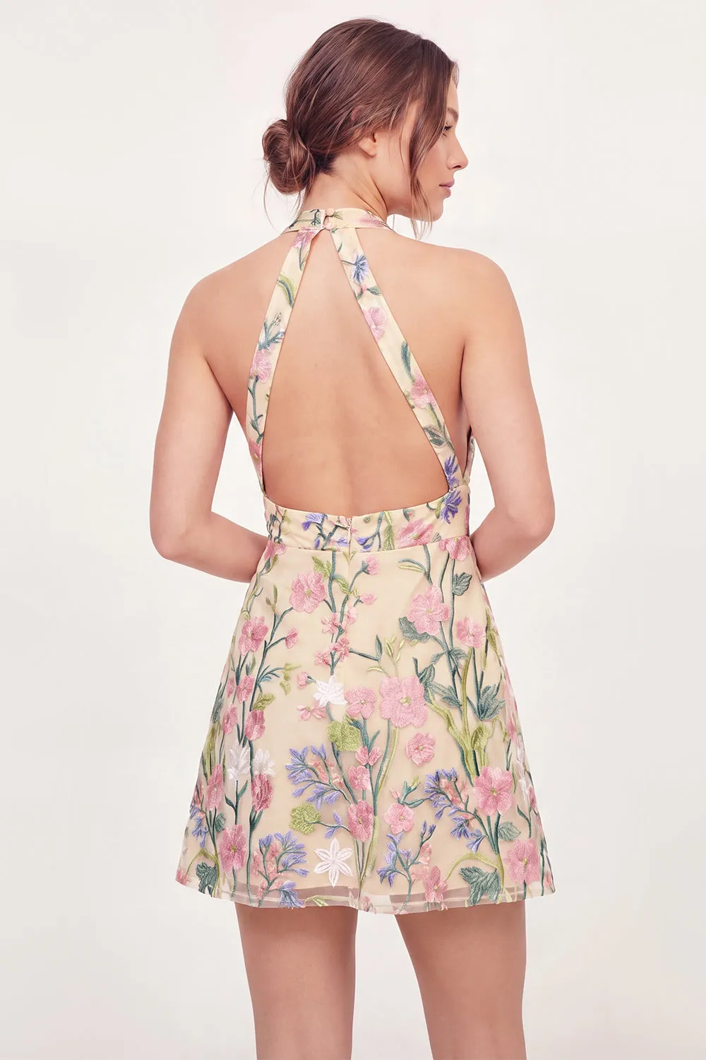 Tulle Floral A-Line Embroidered Halter Neck Yellow Mini Homecoming Dress sold by Zapaka product image thumbnail 2