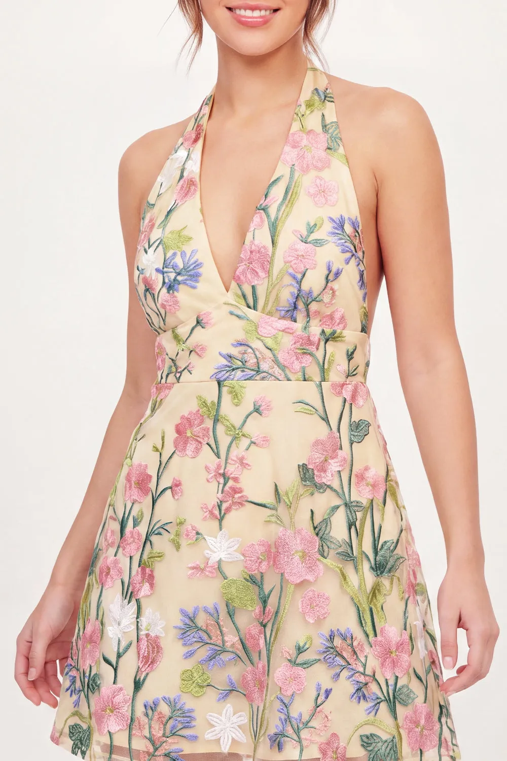 Tulle Floral A-Line Embroidered Halter Neck Yellow Mini Homecoming Dress sold by Zapaka product image thumbnail 3