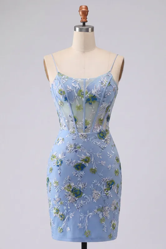 Blue Bodycon Embroidered Floral Sheer Corset Homecoming Dress made by Zapaka