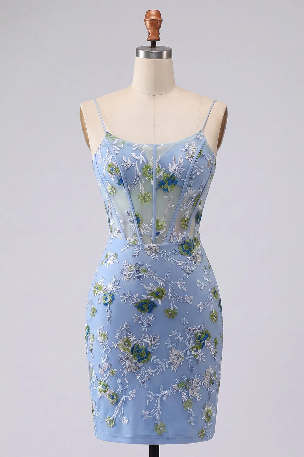 Blue Bodycon Embroidered Floral Sheer Corset Homecoming Dress sold by Zapaka