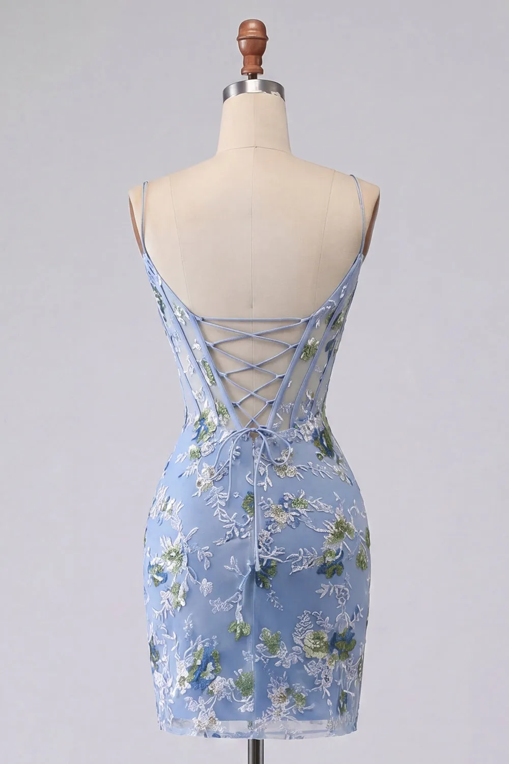 Blue Bodycon Embroidered Floral Sheer Corset Homecoming Dress sold by Zapaka product image thumbnail 2