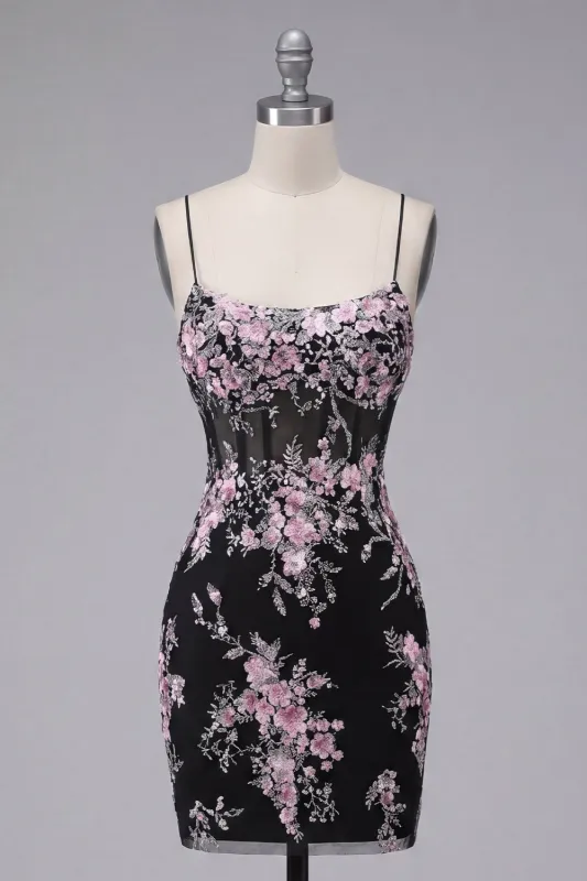 Black Pink Flower Bodycon Sheer Corset Homecoming Dress made by Zapaka