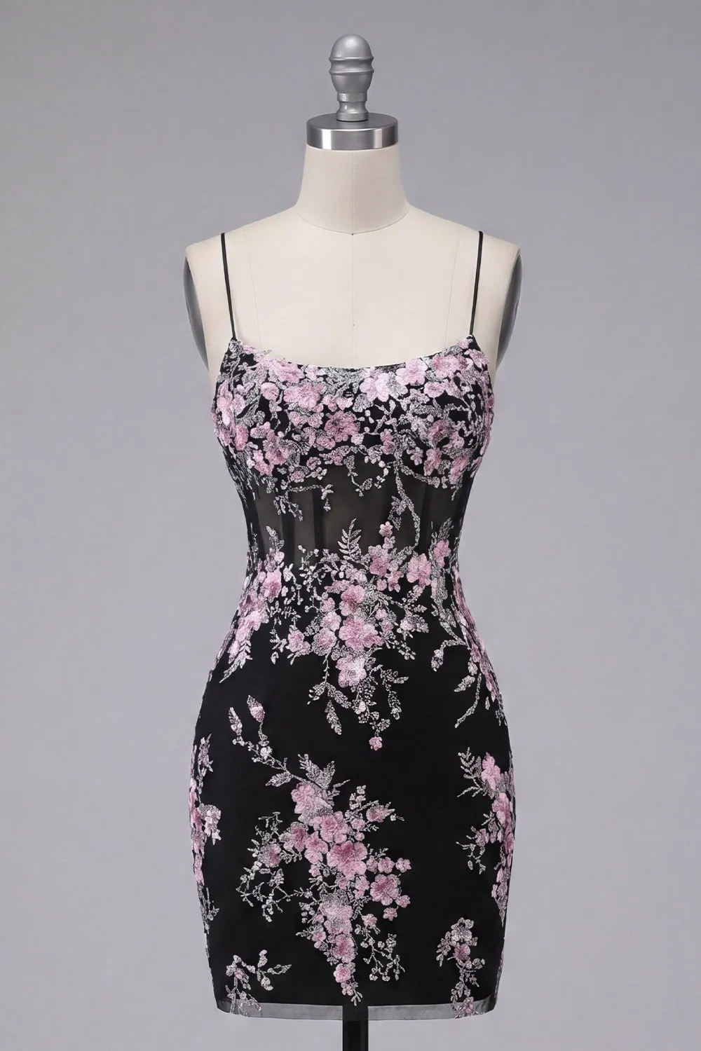 Black Pink Flower Bodycon Sheer Corset Homecoming Dress sold by Zapaka