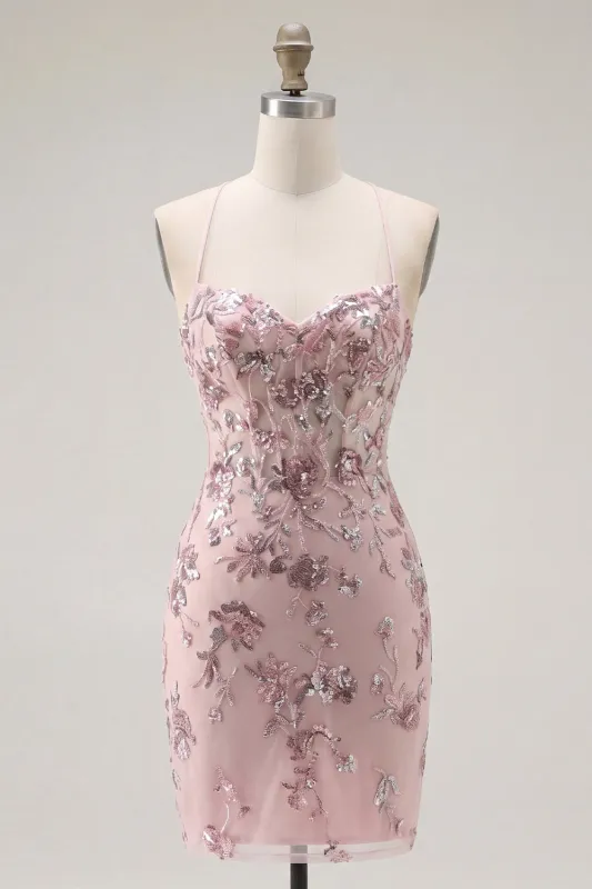 Blush Bodycon Halter Neck Sheer Corset Sequins Homecoming Dress made by Zapaka