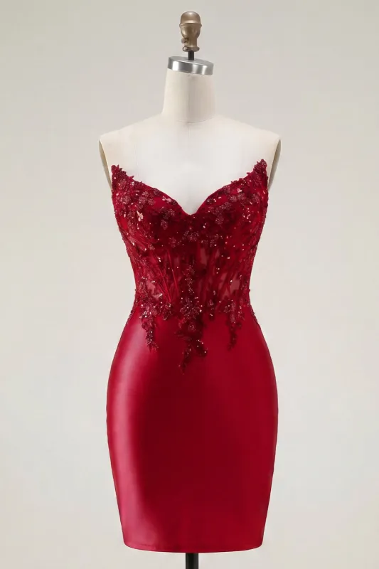 Red Satin Sweetheart Beaded Sheer Corset Homecoming Dress made by Zapaka