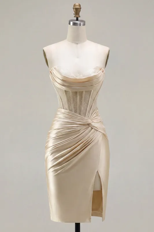 Champagne Sweetheart Satin Ruched Beaded Corset Homecoming Dress with Slit made by Zapaka