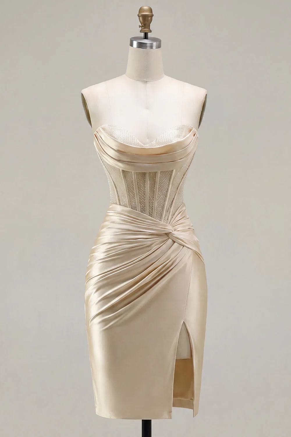 Champagne Sweetheart Satin Ruched Beaded Corset Homecoming Dress with Slit sold by Zapaka