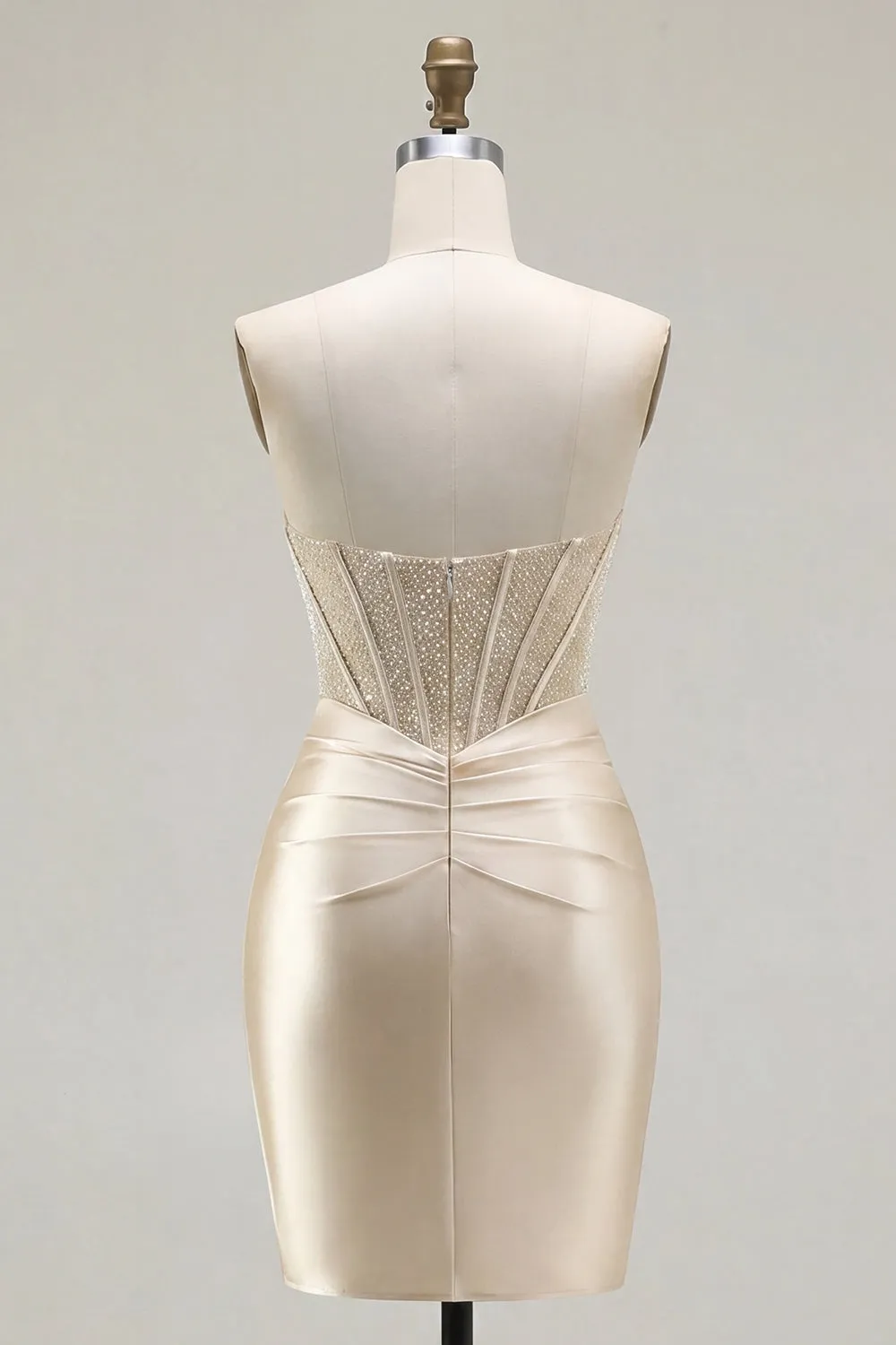 Champagne Sweetheart Satin Ruched Beaded Corset Homecoming Dress with Slit sold by Zapaka product image thumbnail 2
