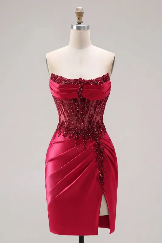 Strapless Satin Burgundy Ruched Sheer Corset Beaded Homecoming Dress with Slit made by Zapaka