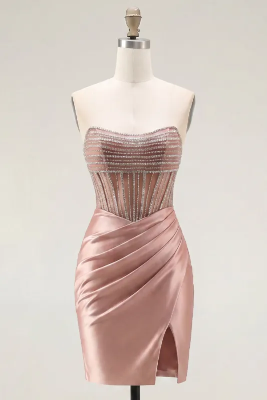 Sweetheart Blush Satin Ruched Sheer Corset Beaded Homecoming Dress with Slit made by Zapaka