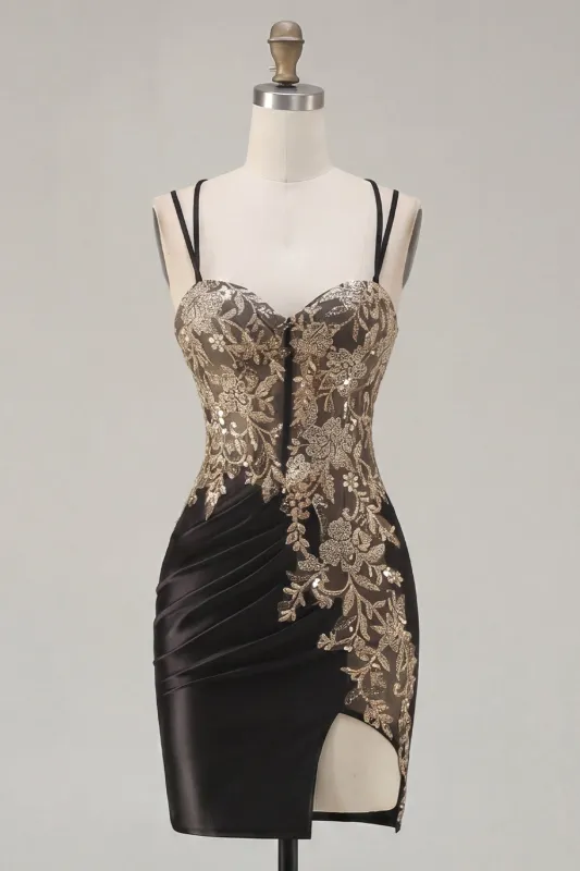 Black Satin Bodycon Ruched Sequins Homecoming Dress with Slit made by Zapaka