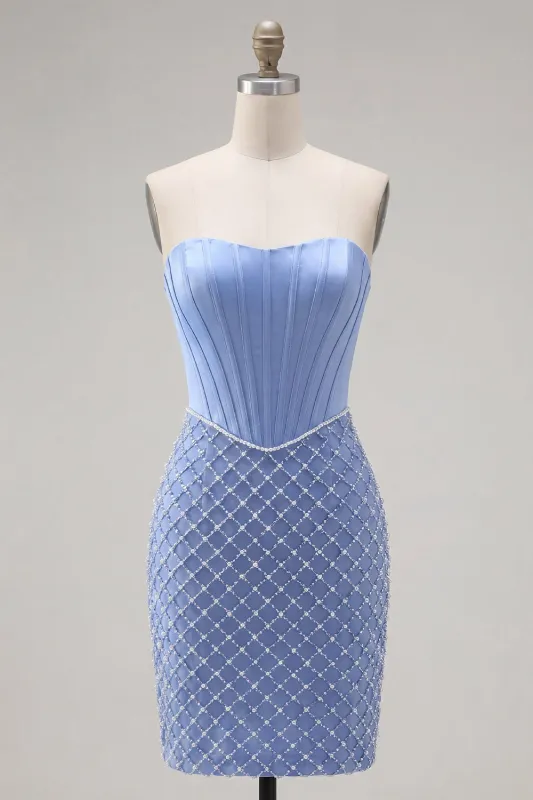 Blue Strapless Satin Bodycon Corset Beaded Homecoming Dress made by Zapaka