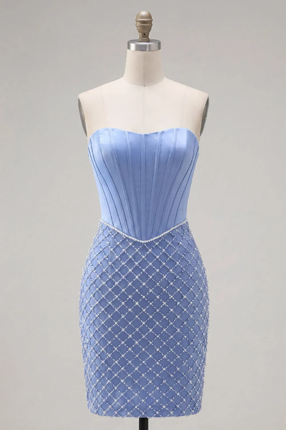 Blue Strapless Satin Bodycon Corset Beaded Homecoming Dress sold by Zapaka